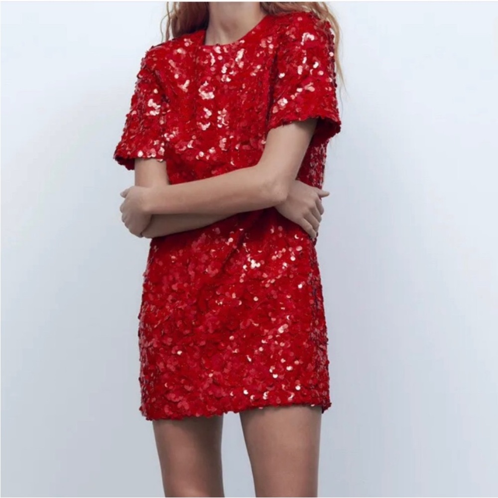 Zara Women NWT FW22 Red Sequins and Beaded Short Sleeve Mini Dress Size XL